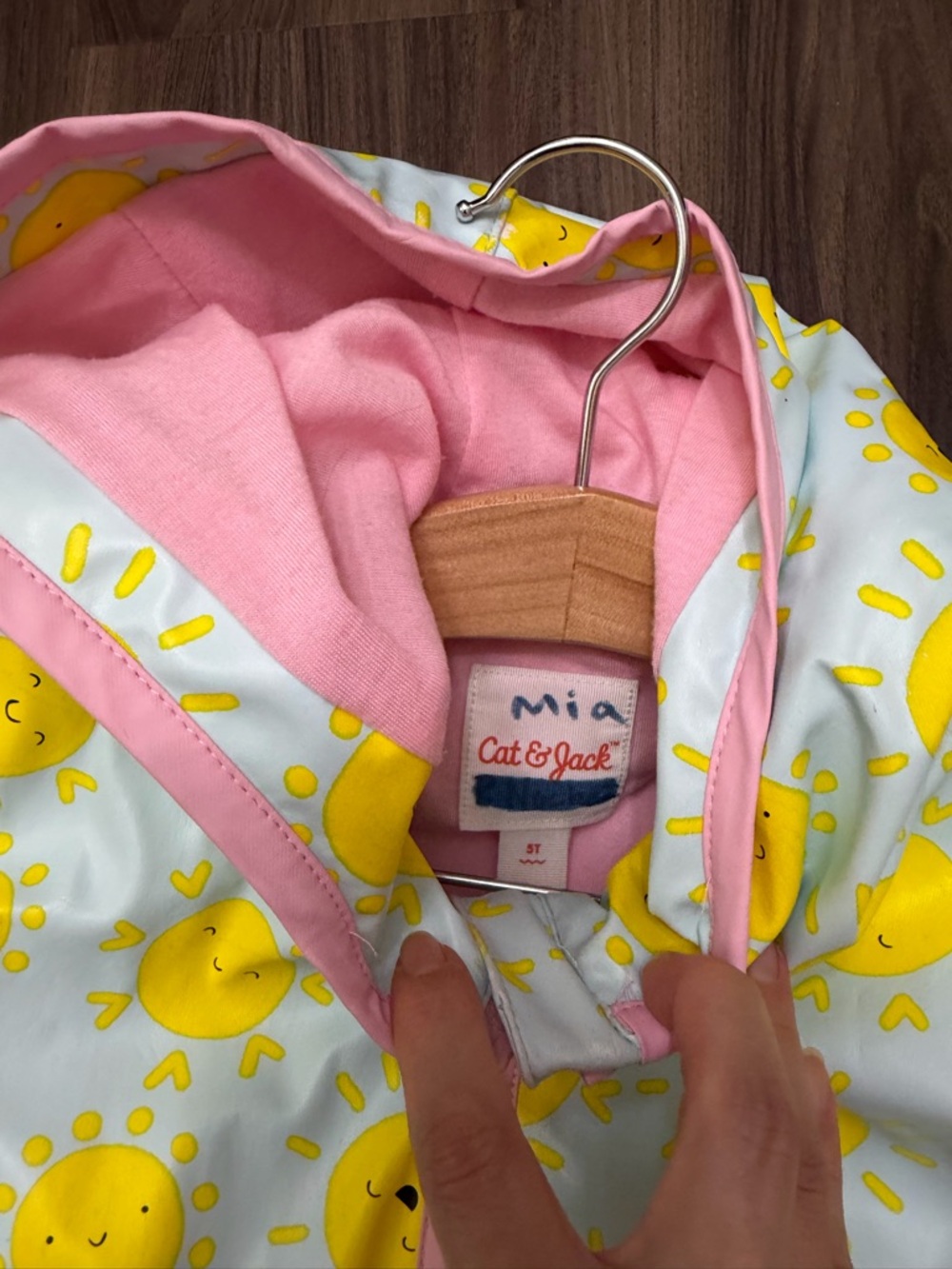 2 of Cat & Jack girl sz 5 Yellow Sun Hooded Raincoat with Pink Trim - Picture 5 of 10